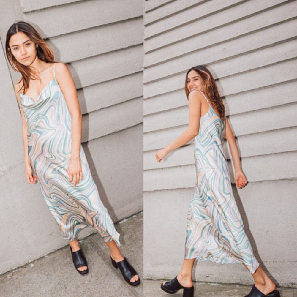 Dress Forum Satin Marble Patterned Lined Maxi Dress Multicolor Womens Size Small